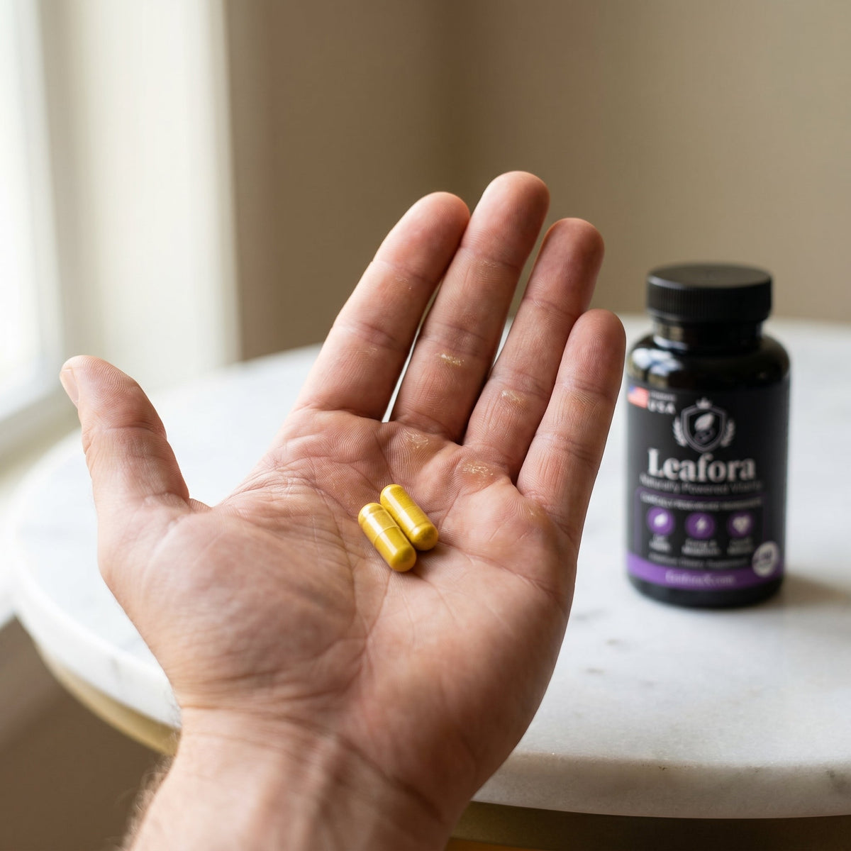 Woman using Leafora synbiotic supplement - daily wellness routine for gut health