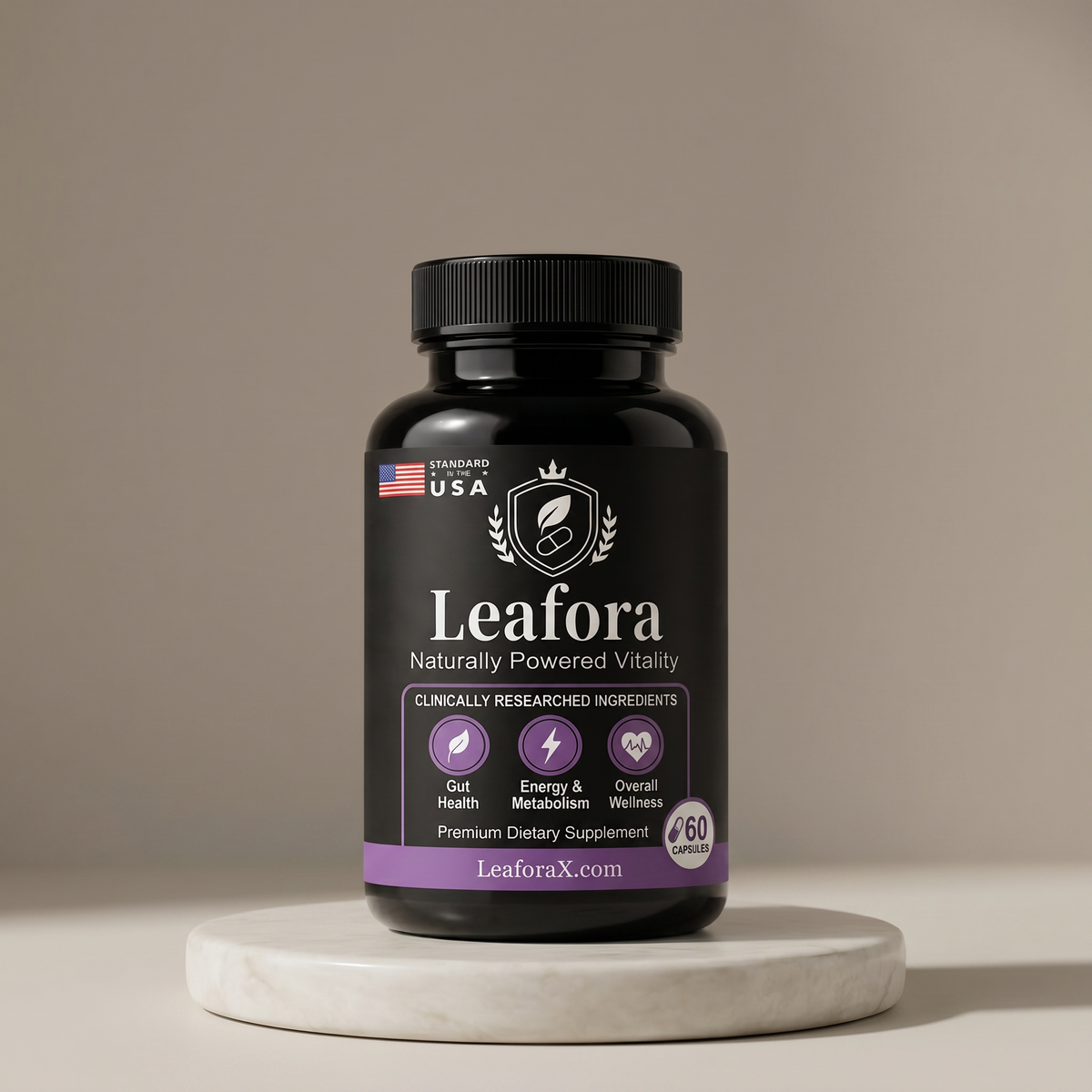 Leafora Advanced Synbiotic supplement bottle - Halal-certified probiotics and prebiotics for gut health