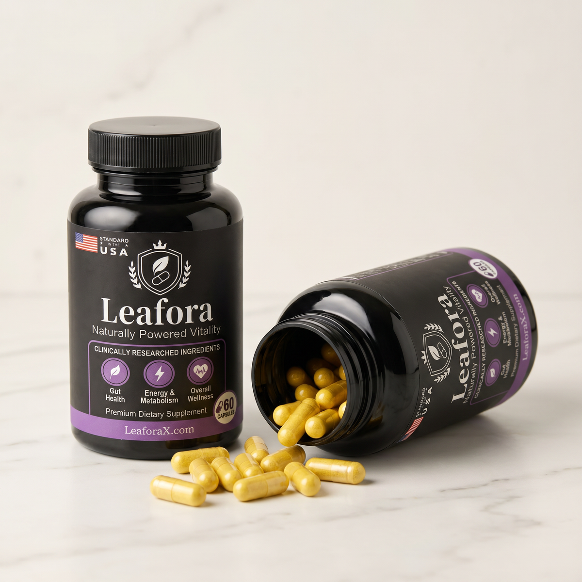 Leafora synbiotic supplement packaging - eco-friendly design Halal certified product