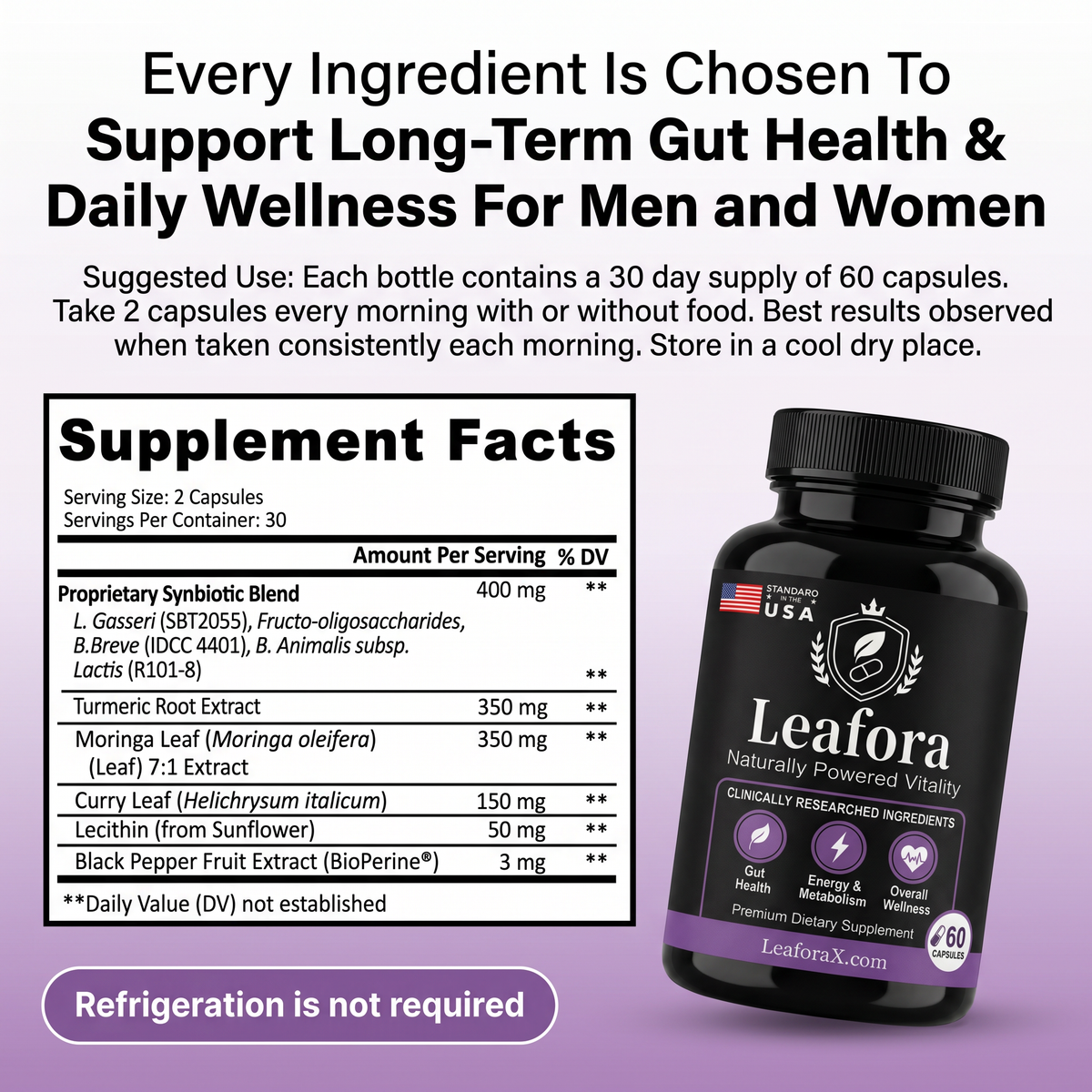 Leafora product specifications - 30 servings Halal certified vegan non-GMO supplement